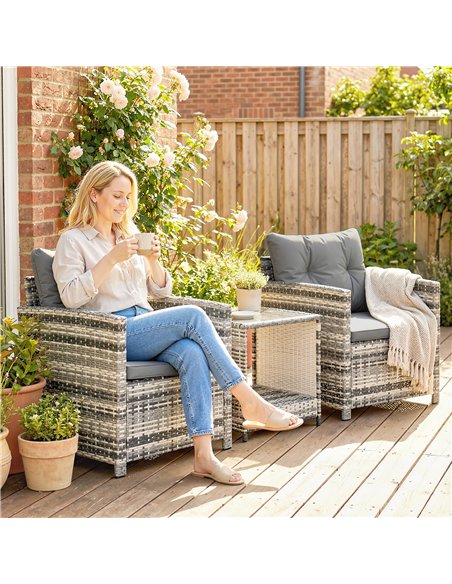 Outsunny Rattan Bistro Set, 3 Piece Garden Furniture Set with 2 Tier Glass Top Table and Cushions, Mixed Grey - pic 198590 | FastDaddyshop