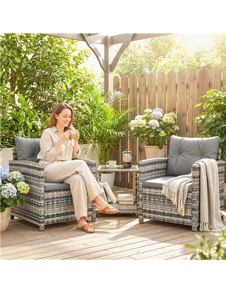 Outsunny Rattan Bistro Set, 3 Piece Garden Furniture Set with 2 Tier Glass Top Table and Cushions, Mixed Grey - pic 198591 | FastDaddyshop