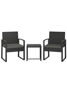 Outsunny Rattan Bistro Set, 3 Piece Garden Furniture Set with Glass Top Table and Cushions, Dark Grey