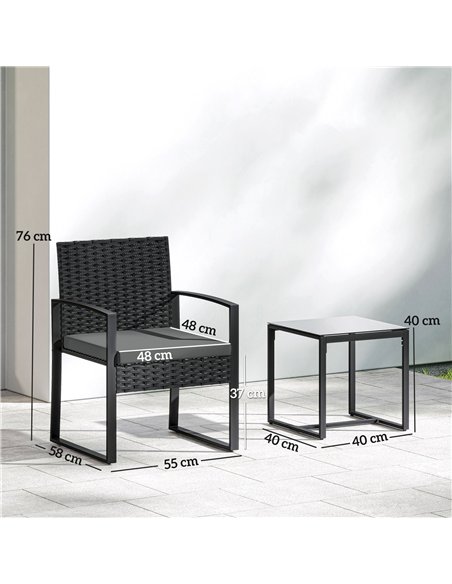 Outsunny Rattan Bistro Set, 3 Piece Garden Furniture Set with Glass Top Table and Cushions, Dark Grey - pic 198594 | FastDaddyshop