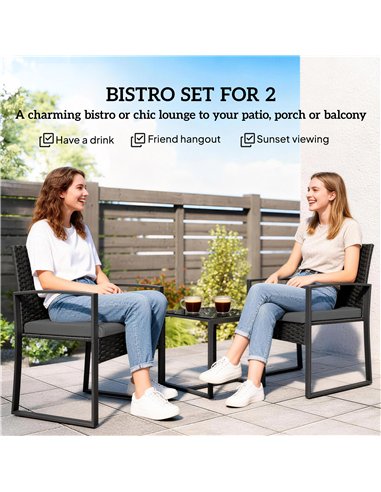 Outsunny Rattan Bistro Set, 3 Piece Garden Furniture Set with Glass Top Table and Cushions, Dark Grey