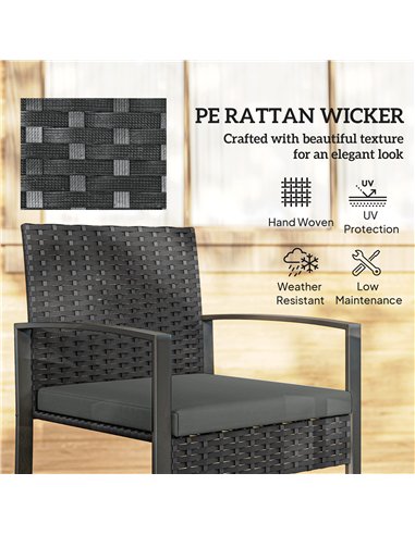 Outsunny Rattan Bistro Set, 3 Piece Garden Furniture Set with Glass Top Table and Cushions, Dark Grey