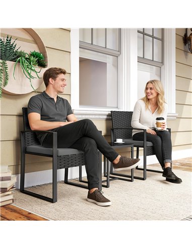 Outsunny Rattan Bistro Set, 3 Piece Garden Furniture Set with Glass Top Table and Cushions, Dark Grey