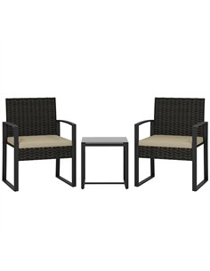 Outsunny Rattan Bistro Set, 3 Piece Garden Furniture Set with Glass Top Table and Cushions, Khaki