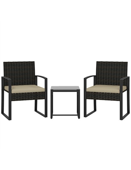 Outsunny Rattan Bistro Set, 3 Piece Garden Furniture Set with Glass Top Table and Cushions, Khaki - pic 198601 | FastDaddyshop
