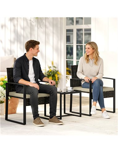 Outsunny Rattan Bistro Set, 3 Piece Garden Furniture Set with Glass Top Table and Cushions, Khaki