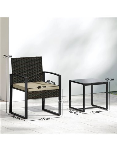 Outsunny Rattan Bistro Set, 3 Piece Garden Furniture Set with Glass Top Table and Cushions, Khaki