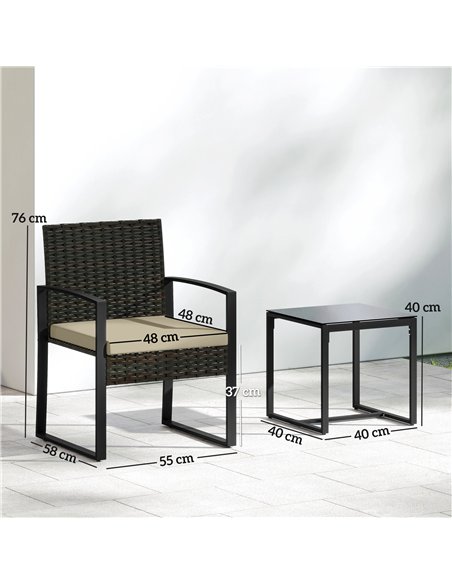 Outsunny Rattan Bistro Set, 3 Piece Garden Furniture Set with Glass Top Table and Cushions, Khaki - pic 198603 | FastDaddyshop