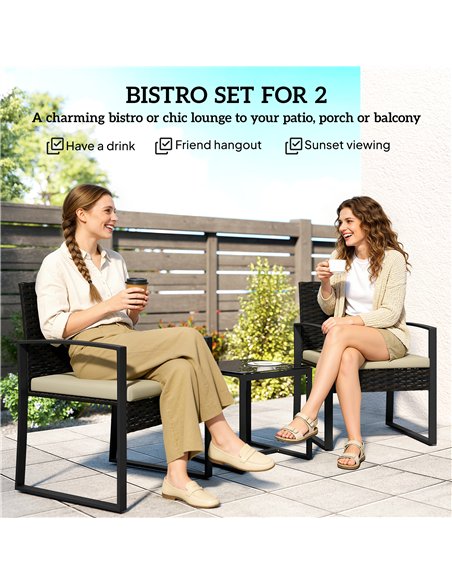 Outsunny Rattan Bistro Set, 3 Piece Garden Furniture Set with Glass Top Table and Cushions, Khaki - pic 198604 | FastDaddyshop