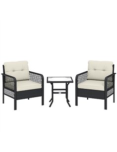 Outsunny 3 Pieces Rattan Bistro Set with Glass Top Coffee Table, Chairs and Cushions for Outdoor, Patio, Balcony, Cream