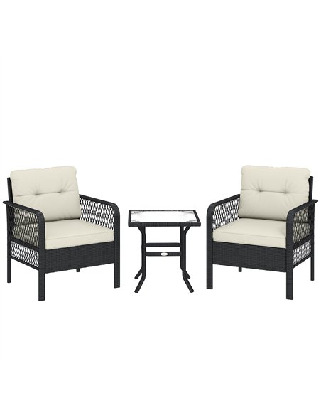 Outsunny 3 Pieces Rattan Bistro Set with Glass Top Coffee Table, Chairs and Cushions for Outdoor, Patio, Balcony, Cream - pic 198610 | FastDaddyshop