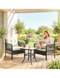 Outsunny 3 Pieces Rattan Bistro Set with Glass Top Coffee Table, Chairs and Cushions for Outdoor, Patio, Balcony, Cream 2