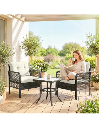 Outsunny 3 Pieces Rattan Bistro Set with Glass Top Coffee Table, Chairs and Cushions for Outdoor, Patio, Balcony, Cream