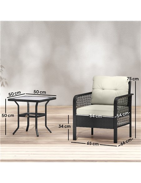 Outsunny 3 Pieces Rattan Bistro Set with Glass Top Coffee Table, Chairs and Cushions for Outdoor, Patio, Balcony, Cream - pic 198612 | FastDaddyshop