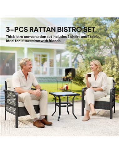 Outsunny 3 Pieces Rattan Bistro Set with Glass Top Coffee Table, Chairs and Cushions for Outdoor, Patio, Balcony, Cream