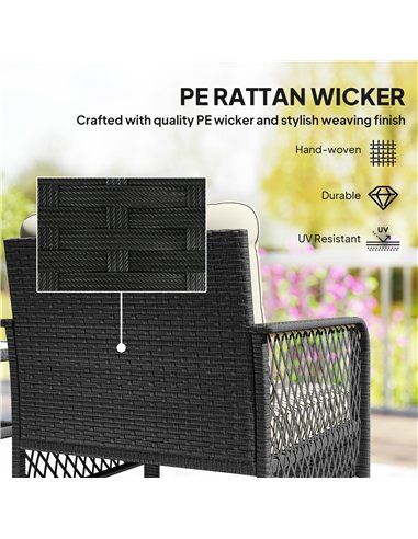 Outsunny 3 Pieces Rattan Bistro Set with Glass Top Coffee Table, Chairs and Cushions for Outdoor, Patio, Balcony, Cream