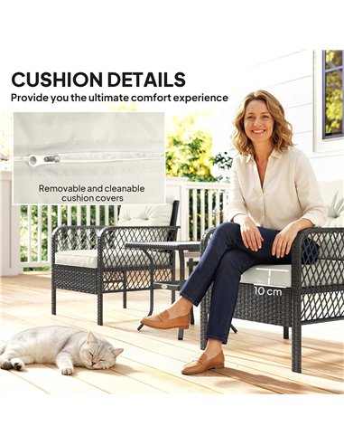 Outsunny 3 Pieces Rattan Bistro Set with Glass Top Coffee Table, Chairs and Cushions for Outdoor, Patio, Balcony, Cream