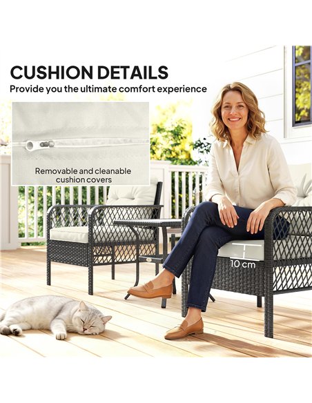Outsunny 3 Pieces Rattan Bistro Set with Glass Top Coffee Table, Chairs and Cushions for Outdoor, Patio, Balcony, Cream - pic 198615 | FastDaddyshop