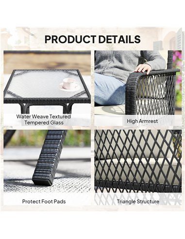 Outsunny 3 Pieces Rattan Bistro Set with Glass Top Coffee Table, Chairs and Cushions for Outdoor, Patio, Balcony, Cream
