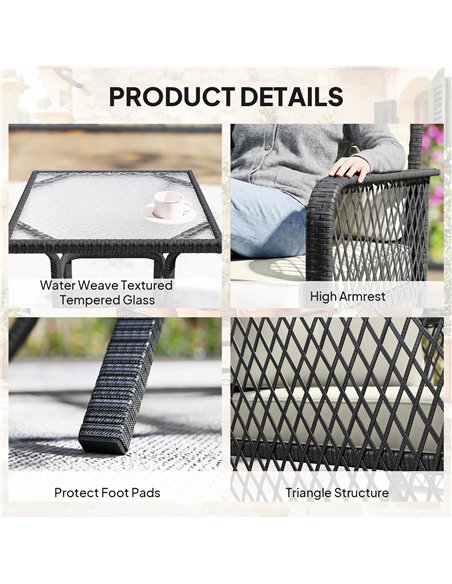 Outsunny 3 Pieces Rattan Bistro Set with Glass Top Coffee Table, Chairs and Cushions for Outdoor, Patio, Balcony, Cream - pic 198616 | FastDaddyshop