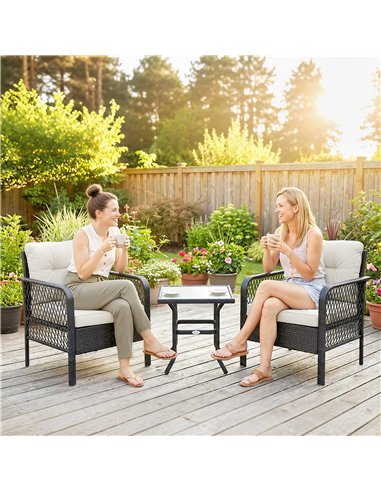 Outsunny 3 Pieces Rattan Bistro Set with Glass Top Coffee Table, Chairs and Cushions for Outdoor, Patio, Balcony, Cream
