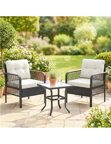 Outsunny 3 Pieces Rattan Bistro Set with Glass Top Coffee Table, Chairs and Cushions for Outdoor, Patio, Balcony, Cream