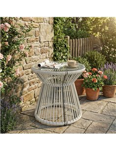 Outsunny Rattan Outdoor Coffee Table, PE Rattan Wicker Bistro Side Table with Tempered Glass Top, Light Grey 2