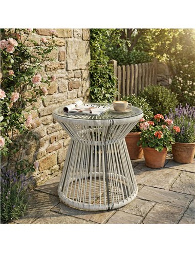 Outsunny Rattan Outdoor Coffee Table, PE Rattan Wicker Bistro Side Table with Tempered Glass Top, Light Grey