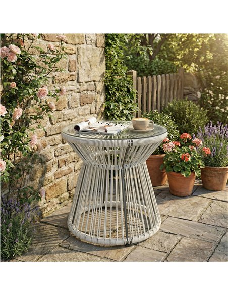 Outsunny Rattan Outdoor Coffee Table, PE Rattan Wicker Bistro Side Table with Tempered Glass Top, Light Grey - pic 198620 | FastDaddyshop