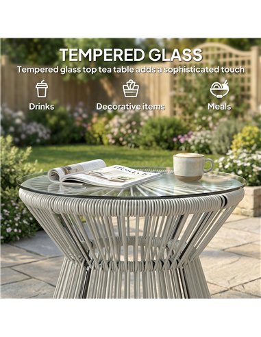 Outsunny Rattan Outdoor Coffee Table, PE Rattan Wicker Bistro Side Table with Tempered Glass Top, Light Grey