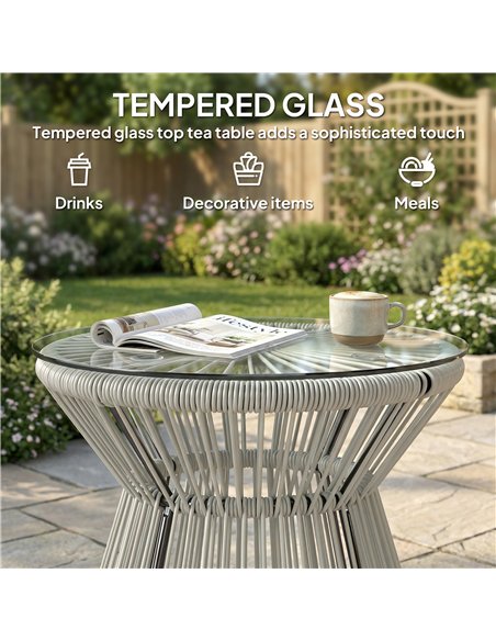 Outsunny Rattan Outdoor Coffee Table, PE Rattan Wicker Bistro Side Table with Tempered Glass Top, Light Grey - pic 198622 | FastDaddyshop
