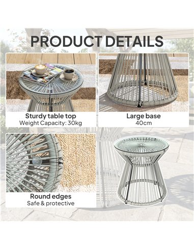 Outsunny Rattan Outdoor Coffee Table, PE Rattan Wicker Bistro Side Table with Tempered Glass Top, Light Grey