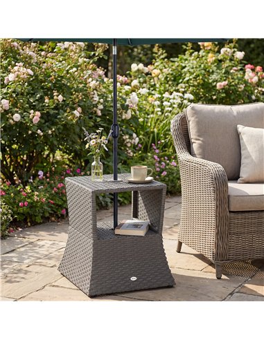 Outsunny Rattan Outdoor Coffee Table, Wicker Garden Patio Bistro Side Table with Umbrella Hole and Storage Space, Dark Grey
