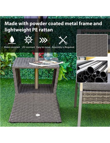 Outsunny Rattan Outdoor Coffee Table, Wicker Garden Patio Bistro Side Table with Umbrella Hole and Storage Space, Dark Grey