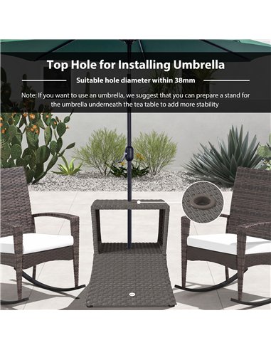 Outsunny Rattan Outdoor Coffee Table, Wicker Garden Patio Bistro Side Table with Umbrella Hole and Storage Space, Dark Grey