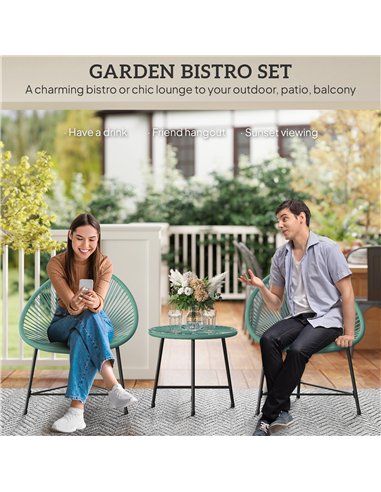 Outsunny Rattan Bistro Set with Acapulco Chairs and Glass Table, Green
