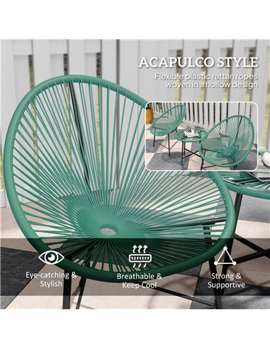 Outsunny Rattan Bistro Set with Acapulco Chairs and Glass Table, Green