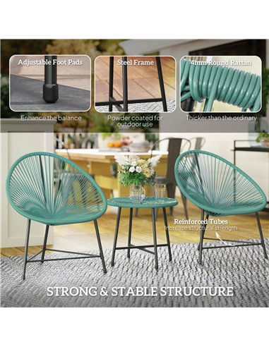 Outsunny Rattan Bistro Set with Acapulco Chairs and Glass Table, Green