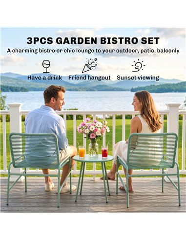 Outsunny 3 Piece Rattan Bistro Set, Outdoor Garden Furniture Set with 2 Chairs, Round Coffee Table for Patio, Balcony, Green