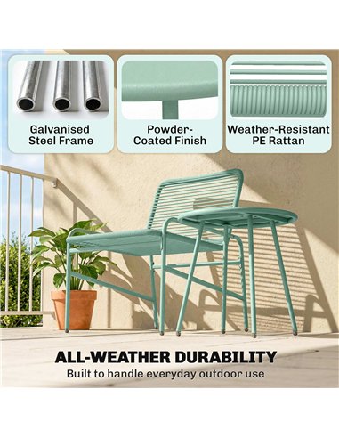 Outsunny 3 Piece Rattan Bistro Set, Outdoor Garden Furniture Set with 2 Chairs, Round Coffee Table for Patio, Balcony, Green