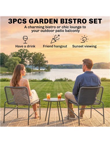 Outsunny 3 Piece Rattan Bistro Set, Outdoor Garden Furniture Set with 2 Chairs, Round Coffee Table for Patio, Balcony, Dark Grey