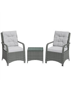 Outsunny 3 Pieces Rattan Bistro Set, Wicker Garden Furniture Set with Metal Frame, Cover, Glass Top Coffee Table, Light Grey