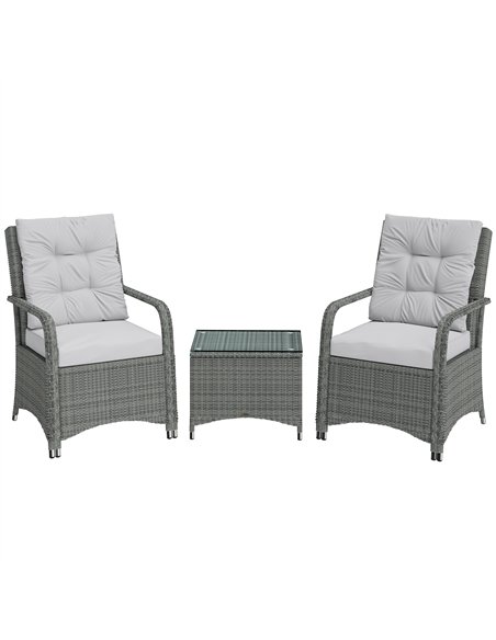 Outsunny 3 Pieces Rattan Bistro Set, Wicker Garden Furniture Set with Metal Frame, Cover, Glass Top Coffee Table, Light Grey - pic 198673 | FastDaddyshop