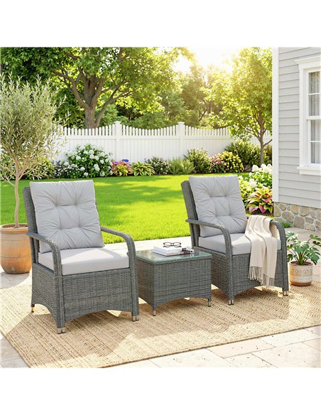 Outsunny 3 Pieces Rattan Bistro Set, Wicker Garden Furniture Set with Metal Frame, Cover, Glass Top Coffee Table, Light Grey - pic 198674 | FastDaddyshop