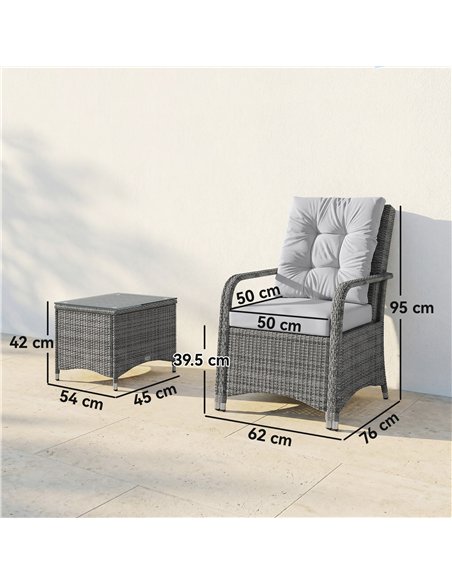 Outsunny 3 Pieces Rattan Bistro Set, Wicker Garden Furniture Set with Metal Frame, Cover, Glass Top Coffee Table, Light Grey - pic 198675 | FastDaddyshop
