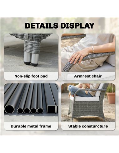 Outsunny 3 Pieces Rattan Bistro Set, Wicker Garden Furniture Set with Metal Frame, Cover, Glass Top Coffee Table, Light Grey
