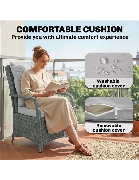 Outsunny 3 Pieces Rattan Bistro Set, Wicker Garden Furniture Set with Metal Frame, Cover, Glass Top Coffee Table, Light Grey - pic 198678 | FastDaddyshop