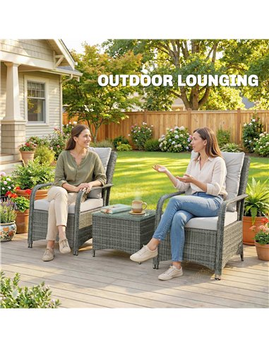 Outsunny 3 Pieces Rattan Bistro Set, Wicker Garden Furniture Set with Metal Frame, Cover, Glass Top Coffee Table, Light Grey
