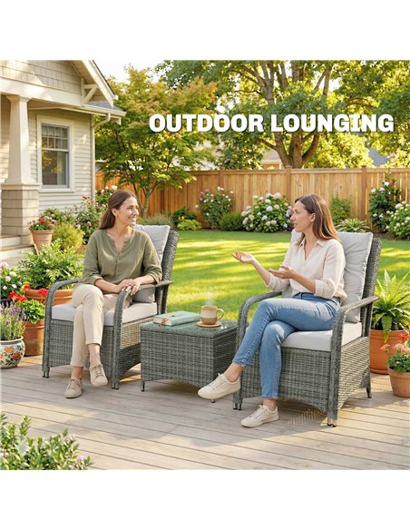 Outsunny 3 Pieces Rattan Bistro Set, Wicker Garden Furniture Set with Metal Frame, Cover, Glass Top Coffee Table, Light Grey - pic 198681 | FastDaddyshop