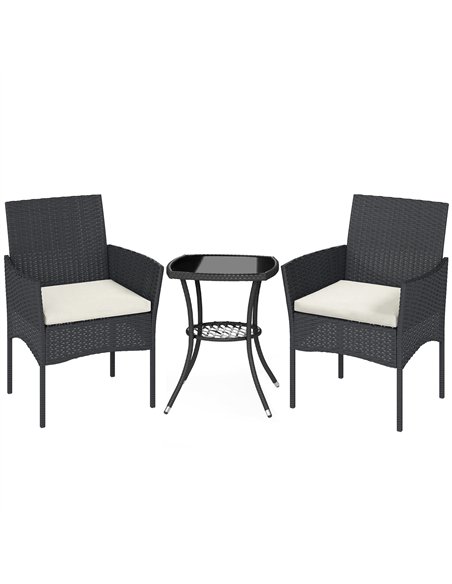 Outsunny 3 Piece Rattan Bistro Set, PE Wicker Garden Furniture Conversation Set with 2 Tier Glass-Top Table, Chairs, Cream White - pic 198682 | FastDaddyshop